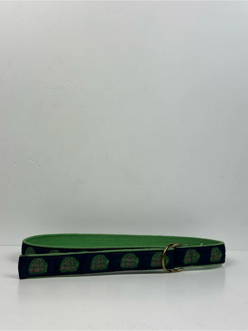 Turtle Pattern Ribbon Belt Brass D-Ring Navy Blue Green